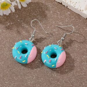1pr Novelty Blue Sprinkled Donut Dangle Earrings Drop Pendant Charm Fun Quirky